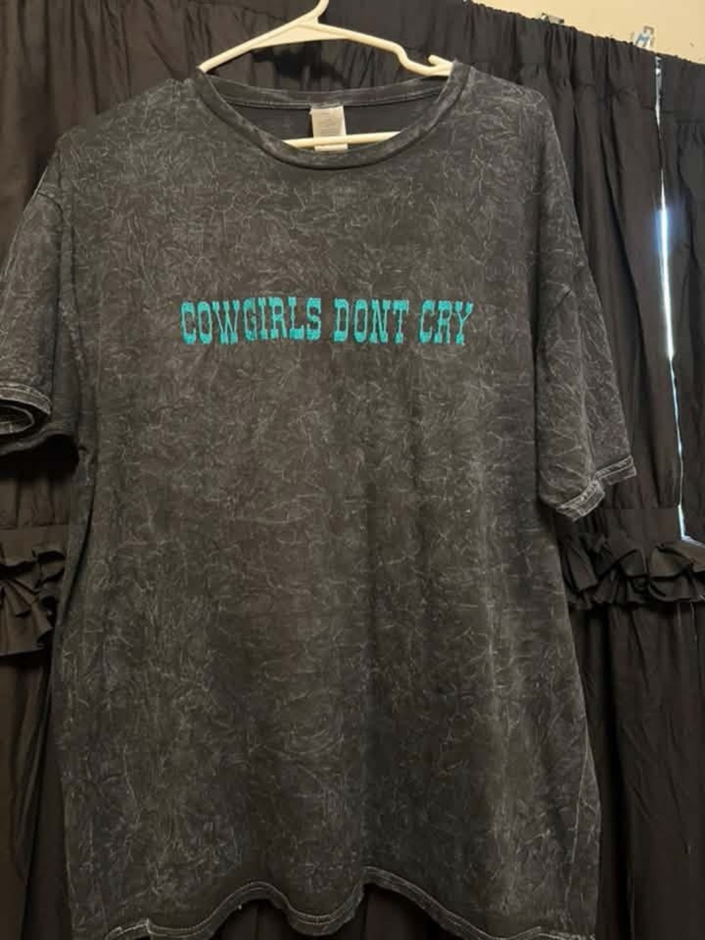Cowgirls Don't Cry Graphic Embroidered acid washTee - Black with Turquoise Text